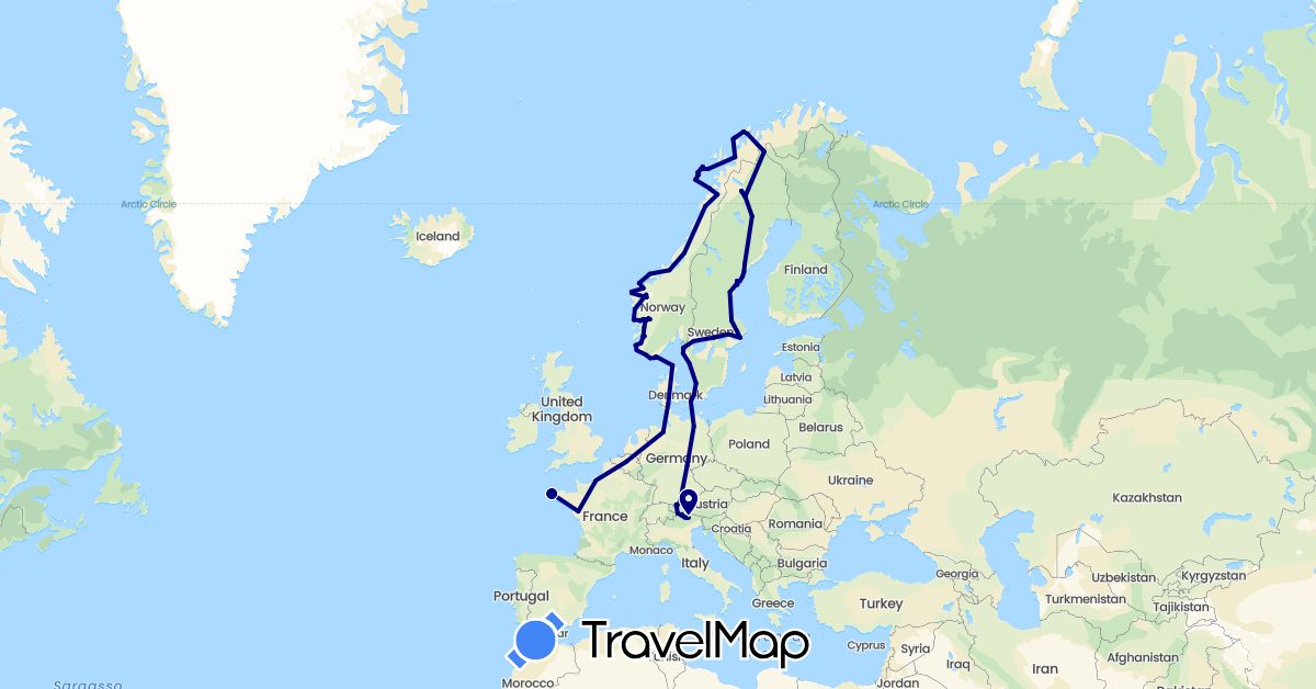 TravelMap itinerary: driving in Belgium, Germany, Denmark, Finland, France, Italy, Norway, Sweden (Europe)